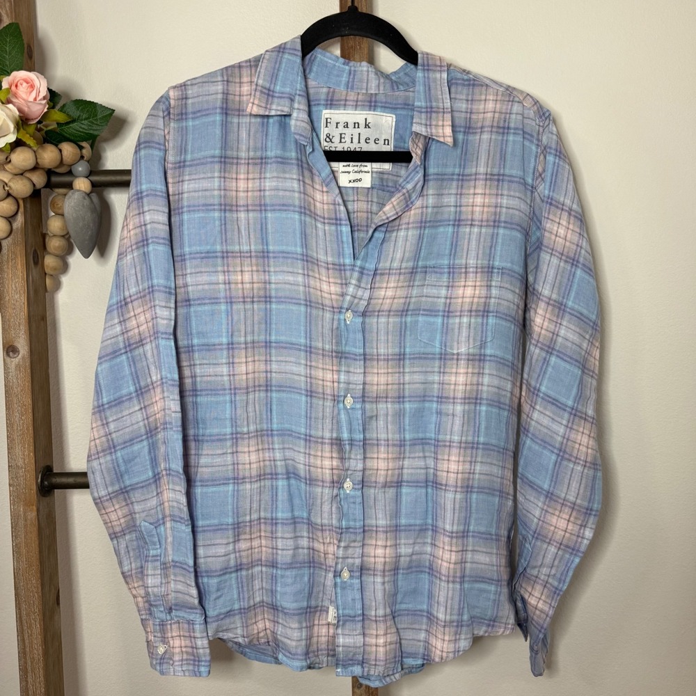 Frank and Eileen Plaid Linen Button Up Shirt Womens Size Large Blue Pink - Picture 3 of 11